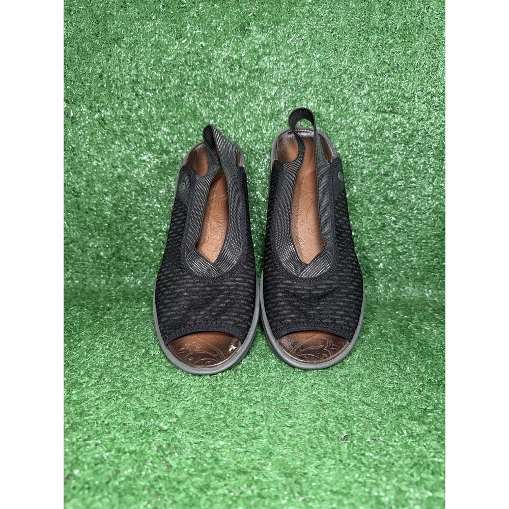 BZees Sandals Womens 7.5M Dream Black Strappy Peep Toe Slingback‎ Wedge Slip On - Picture 7 of 9
